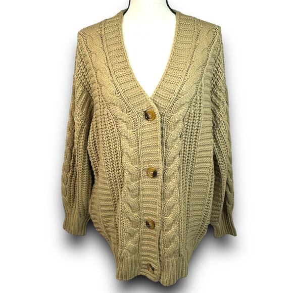 Cable Knit Tan Beige Vneck Cardigan Sweater Button Front Balloon Sleeves Medium - Picture 2 of 8